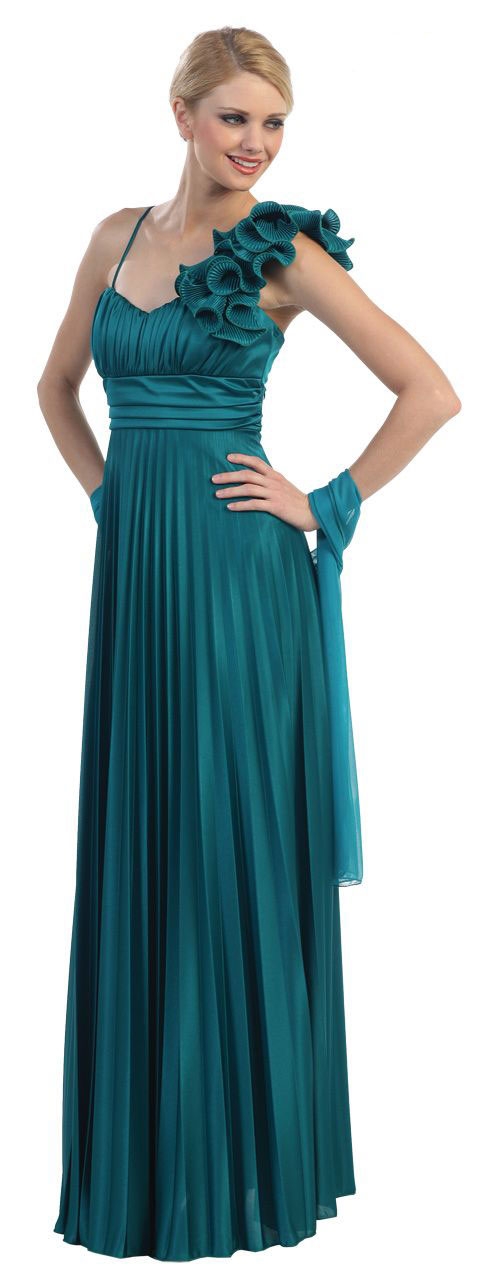 Floral Formal Dress with Abstract Lily Detail at Shoulder — in Teal