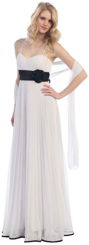 Roman Inspired Long Formal Dress with Floral Applique — in White/Black