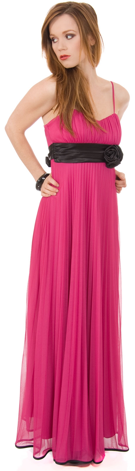 Roman Inspired Long Formal Dress with Floral Applique — in Magenta