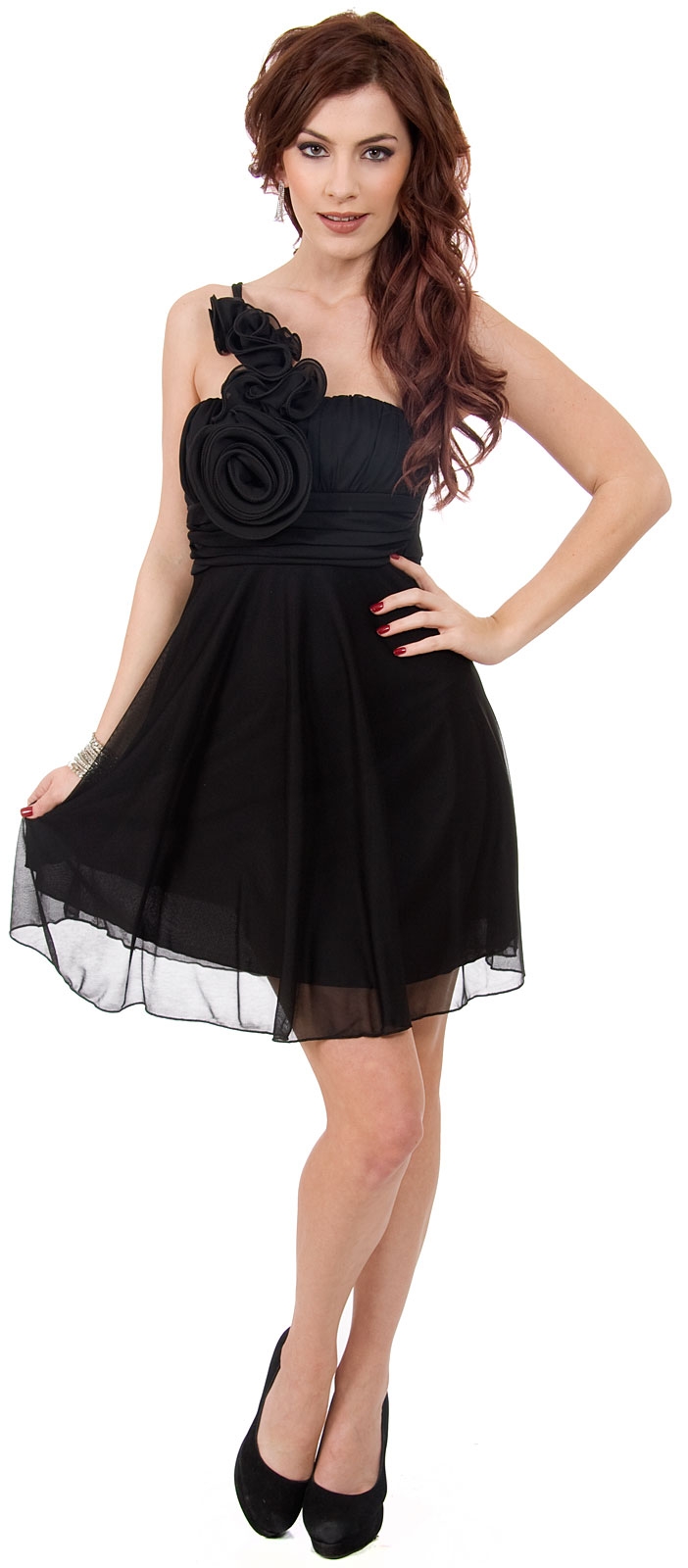 Single Shoulder Short Party Dress with Flower Applique  — in Black