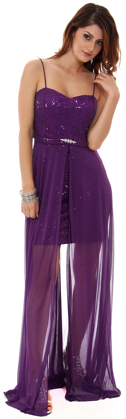 Sequined Short Cocktail Dress with Long Sheer Overlay