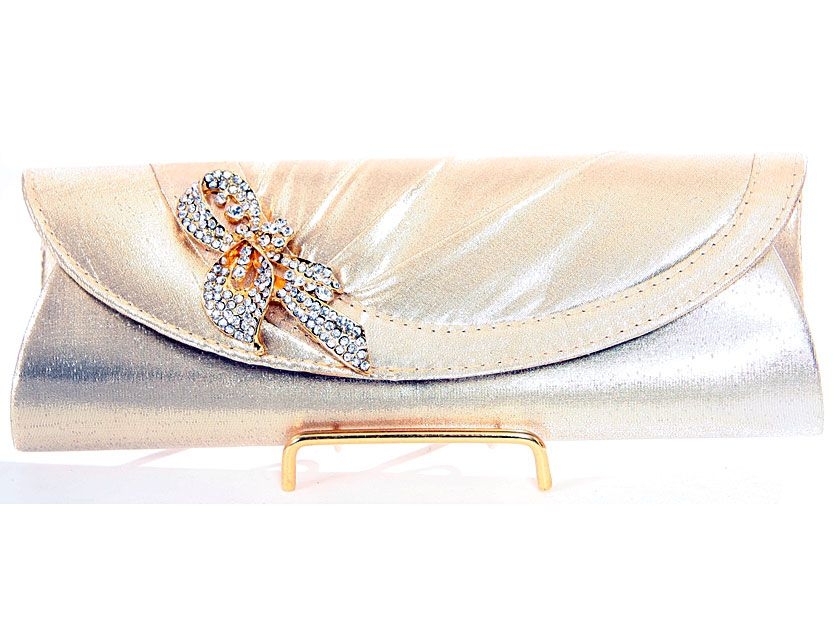 Satin Evening Bag with Studded Brooche in Gold