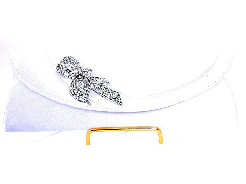 Satin Evening Bag with Studded Brooche in White