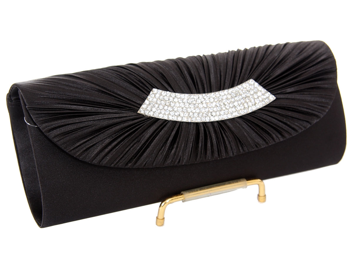 Rhinestone Embellished Satin Evening Bag in Black