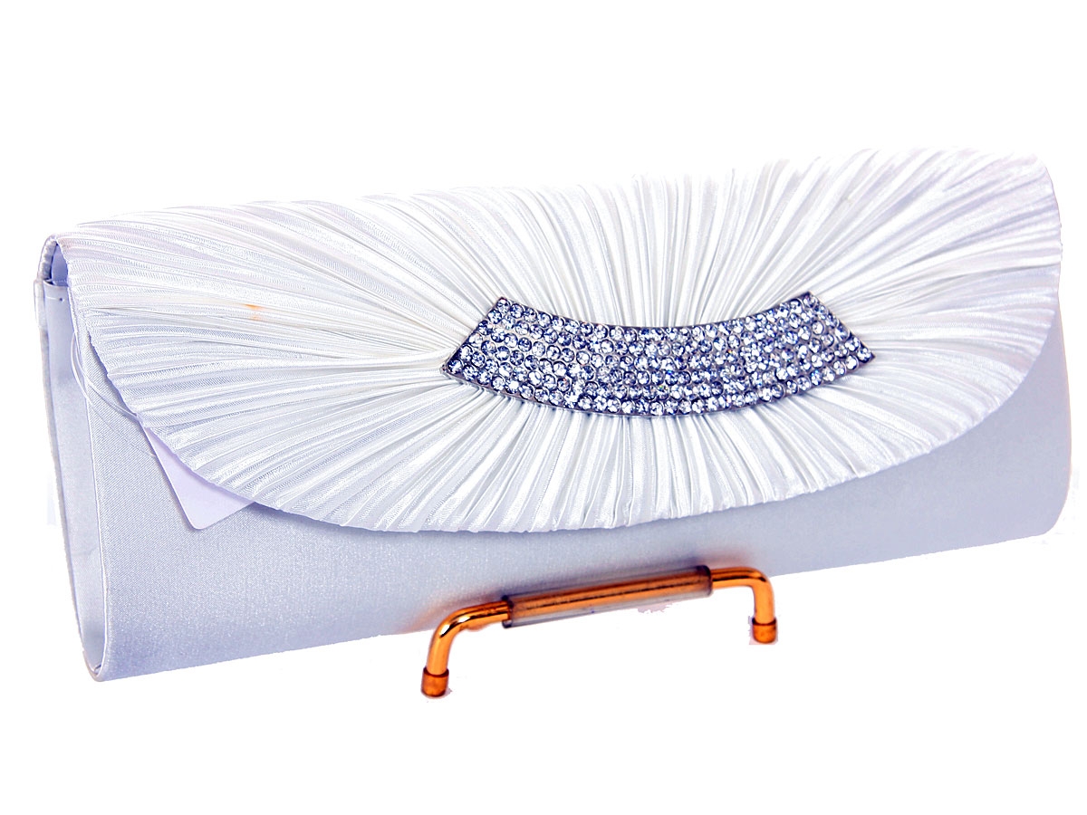Rhinestone Embellished Satin Evening Bag in White