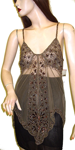 Asymmetric Spaghetti Net Top with Mocha or Silver Beading — in Mocha