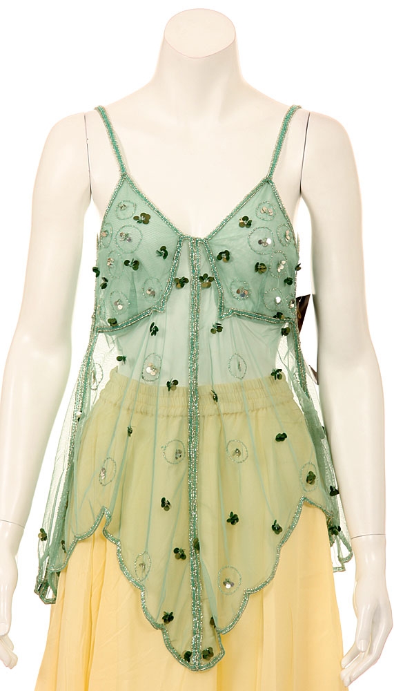 Spaghetti Strapped Petal Beaded Translucent Top — in Teal