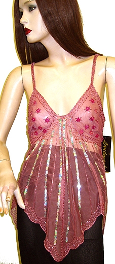 Asymmetric Top with Flowers & Radiating Sequins — in Old Rose