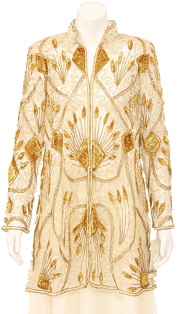 Fully Sequined Sheer Long Sleeve Formal Dress — in Ivory/Gold