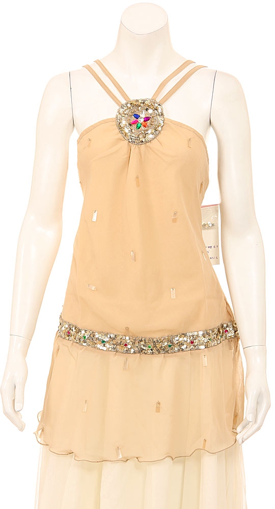 Double Strapped Assymetrical Sequined Top — in Taupe