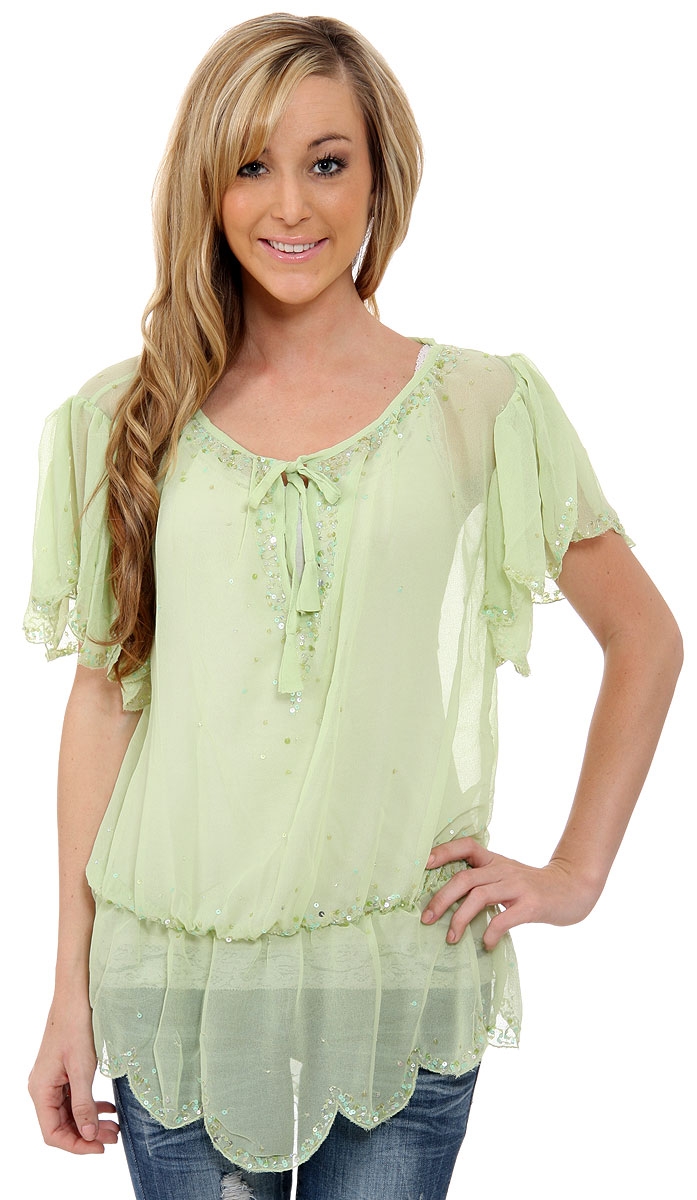 Short Sleeved Assymetric Sheer Top — in Apple Green