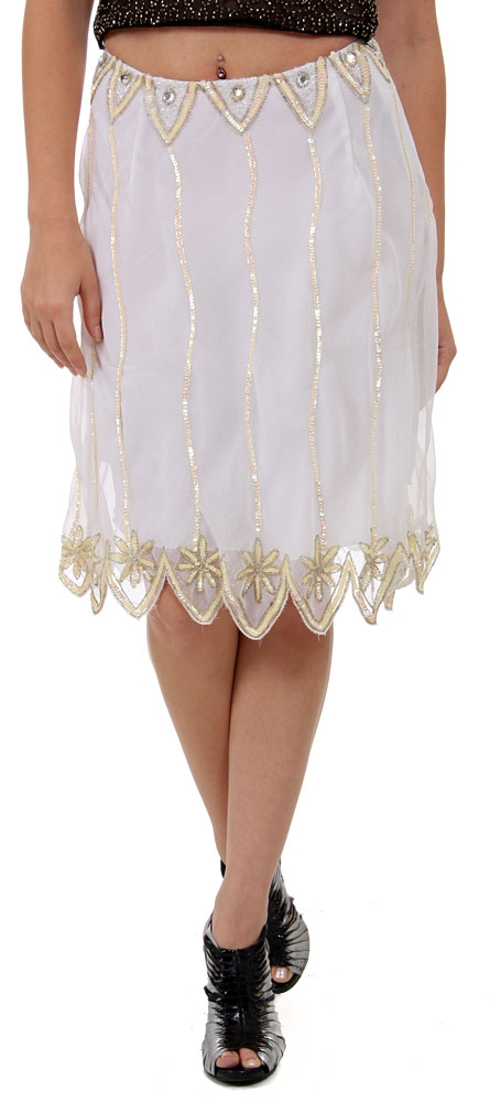 Bead Embellished Knee Length Skirt  — in White