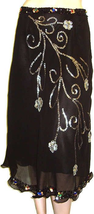 Bead Embellished Tea Length Skirt — in Black/Multi