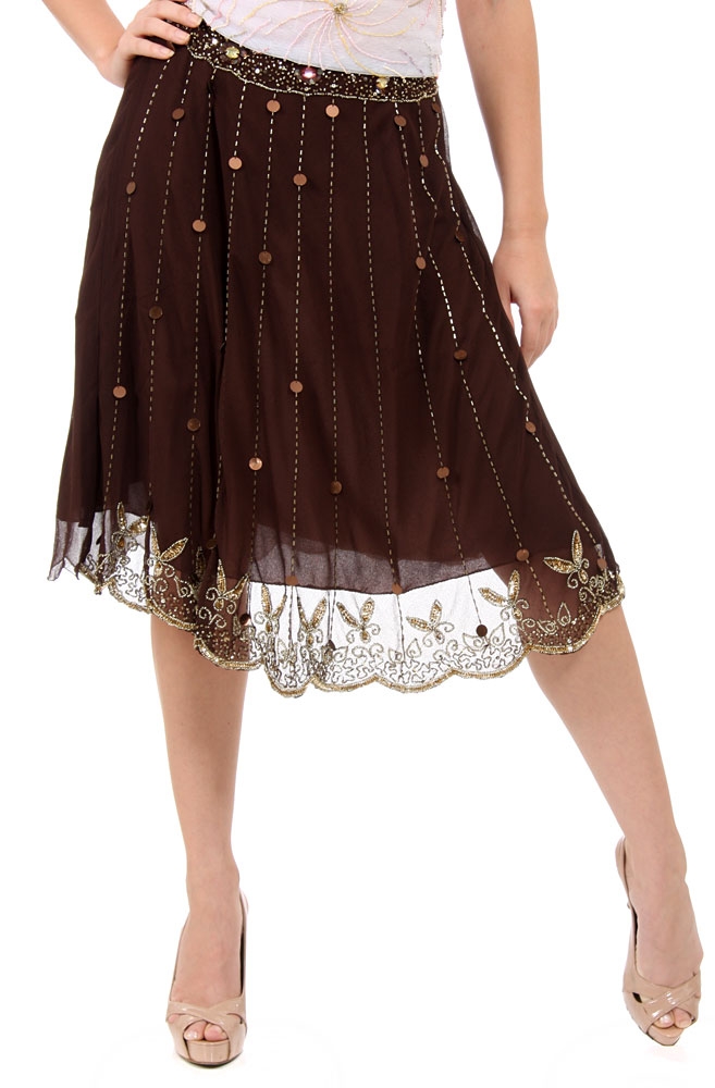 Bead Embellished Knee Length Skirt  — in Brown