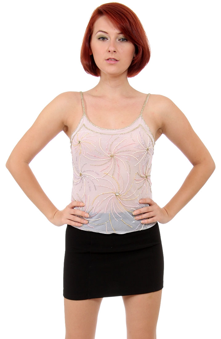 Net Top with Multi-color Beadwork — in White