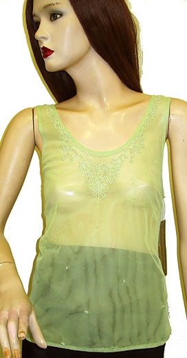 Hand Beaded Sheer Sleeveless Top — in Apple Green