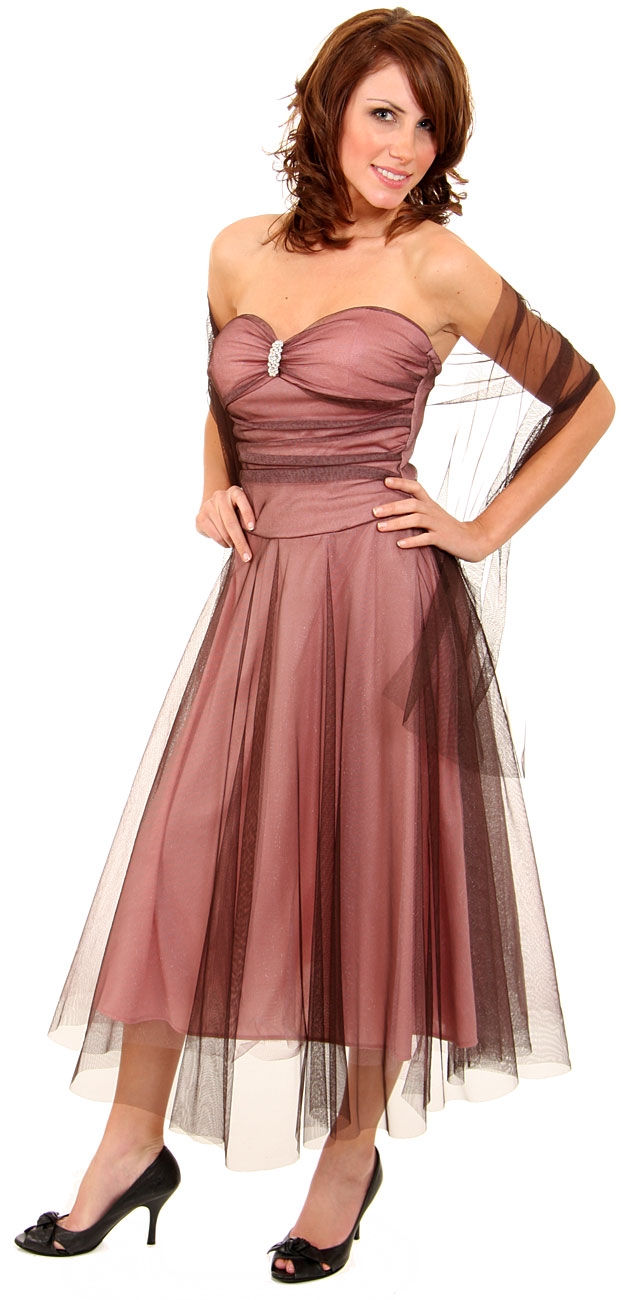 Strapless Ruched Medium Length Mesh Formal Dress