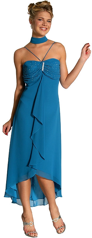 V Strapped Formal Prom Dress with Trailing Ruffles