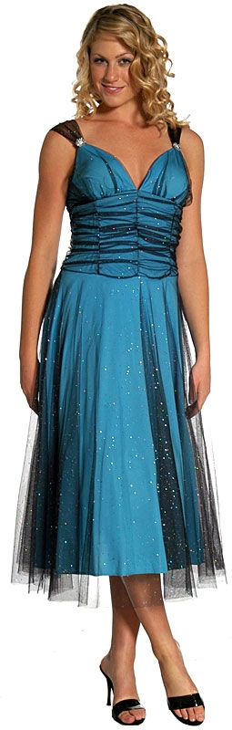 Shirred WaistlineTea Length Cocktail Prom Dress  — in Black/Teal