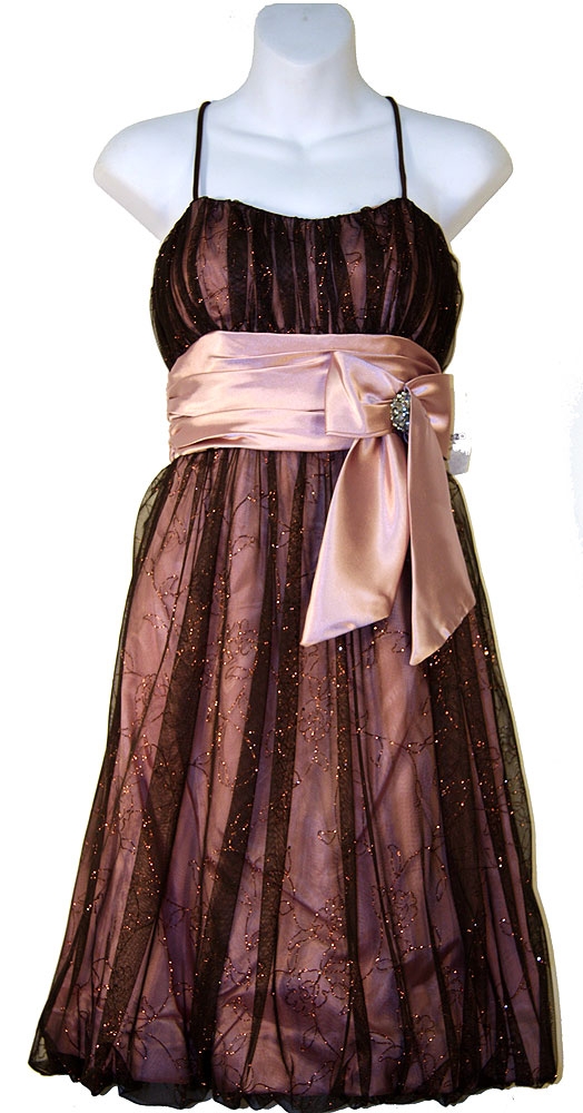 Rouched Shirred Short Cocktail Dress — in Brown/Dusty Rose color