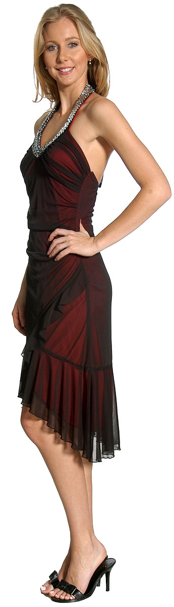 Halter Neck Embellished Asymmetic Party Dress — in side view