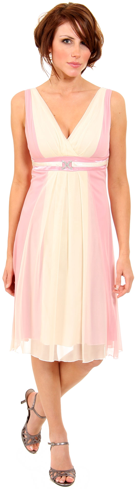 Knee Length V Neck Cocktail Dress with Waist Belt — in Dusty Rose/Ivory