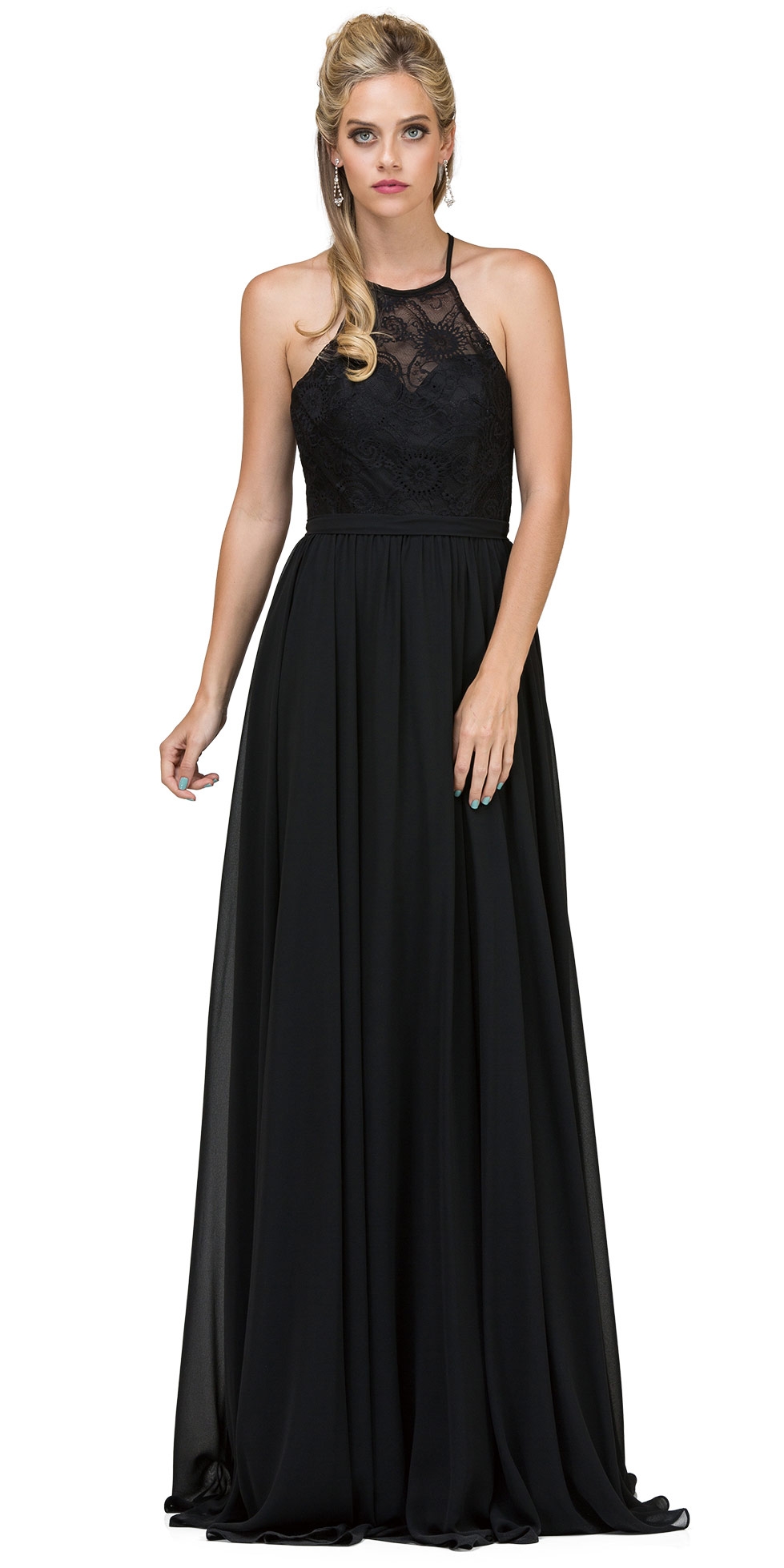 Lace Bodice Criss Cross Back Long Bridesmaid Dress — in Black