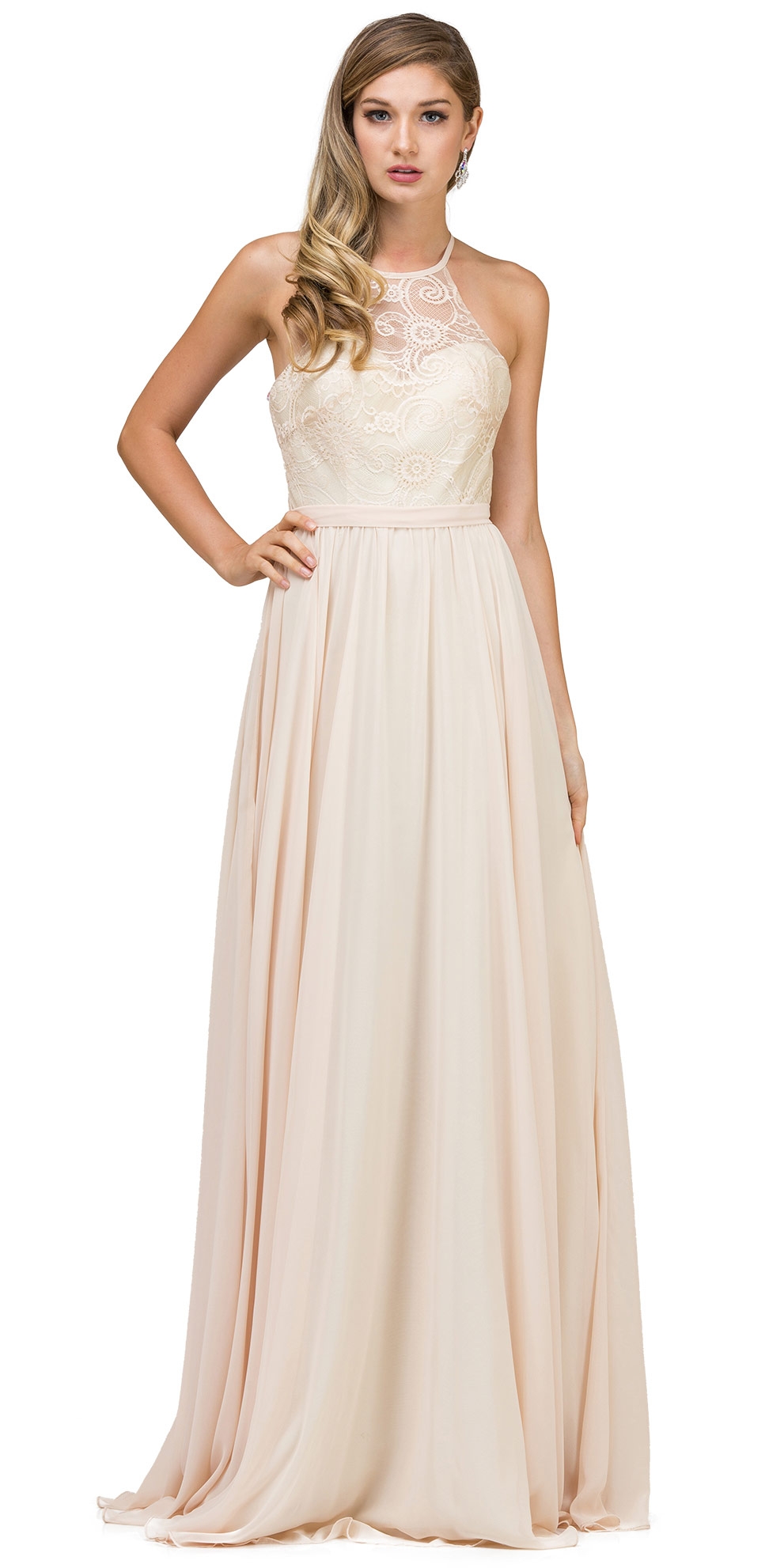 Lace Bodice Criss Cross Back Long Bridesmaid Dress — in Champaign