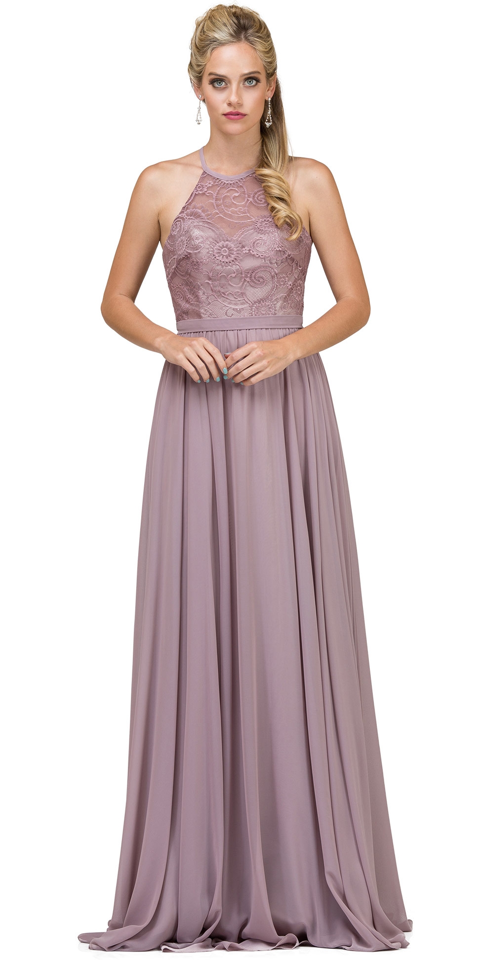 Lace Bodice Criss Cross Back Long Bridesmaid Dress — in Mocha