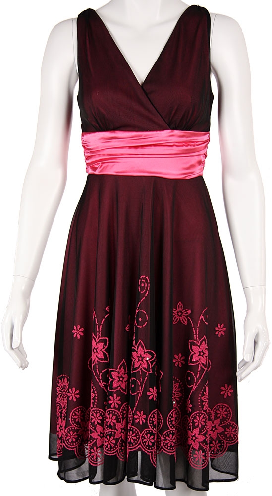 Two-Tone Knee Length Party Dress — in Black/Fuchsia closeup
