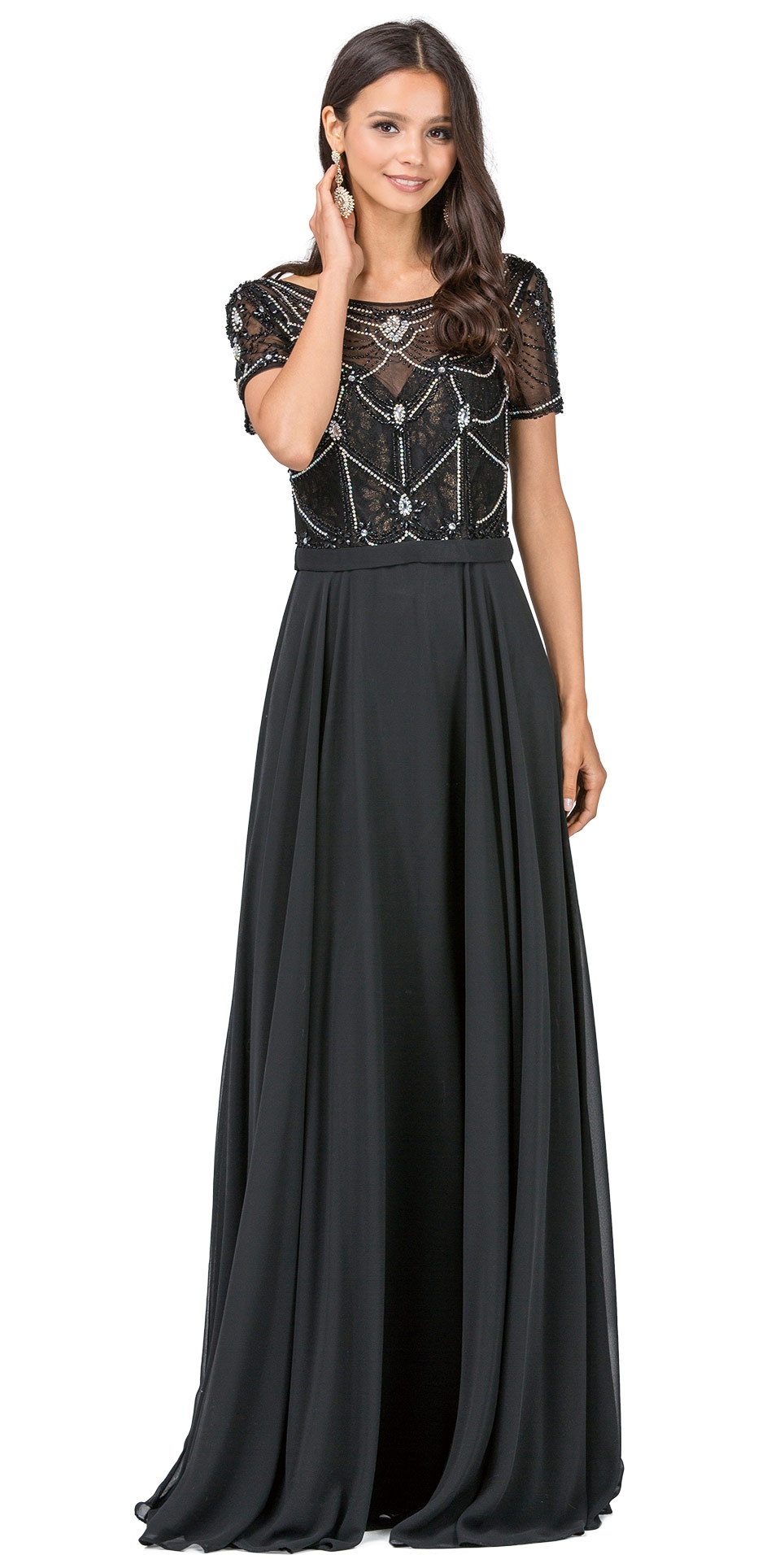Boat Neck Half Sleeves Beaded Mesh Top Long Formal MOB Dress — in Black
