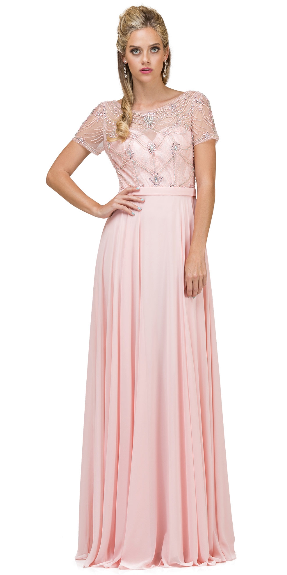 Boat Neck Half Sleeves Beaded Mesh Top Long Formal MOB Dress — in Blush