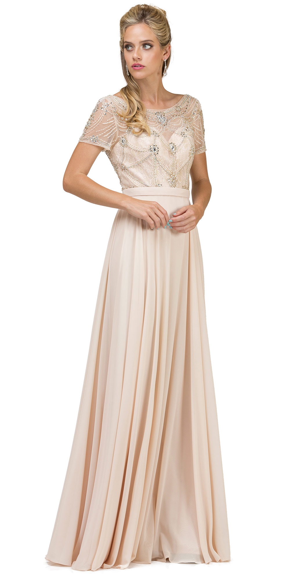 Boat Neck Half Sleeves Beaded Mesh Top Long Formal MOB Dress