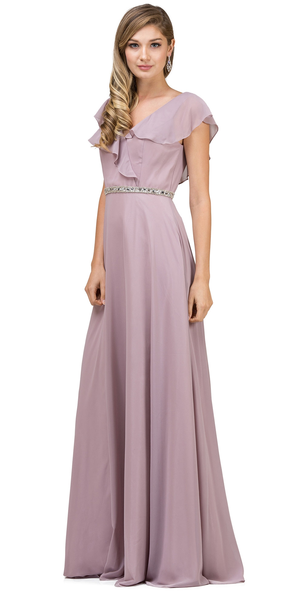 V-Neck Ruffled Top Beaded Waist Long Chiffon Formal Dress — in Mocha
