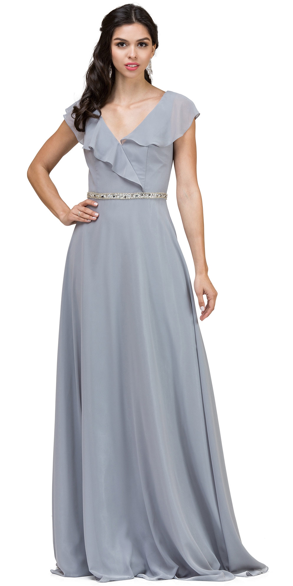 V-Neck Ruffled Top Beaded Waist Long Chiffon Formal Dress — in Silver