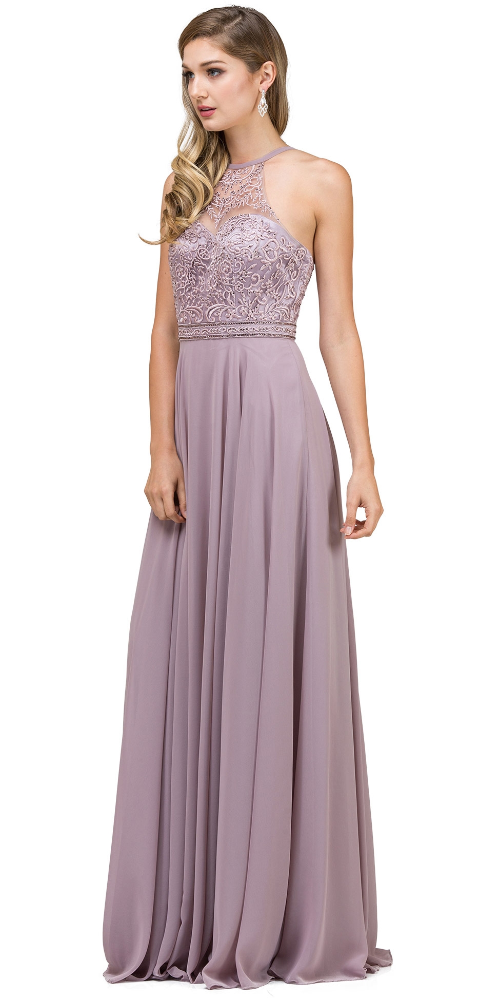 Embroidered Bodice High Neck Long Chiffon Prom Formal Dress