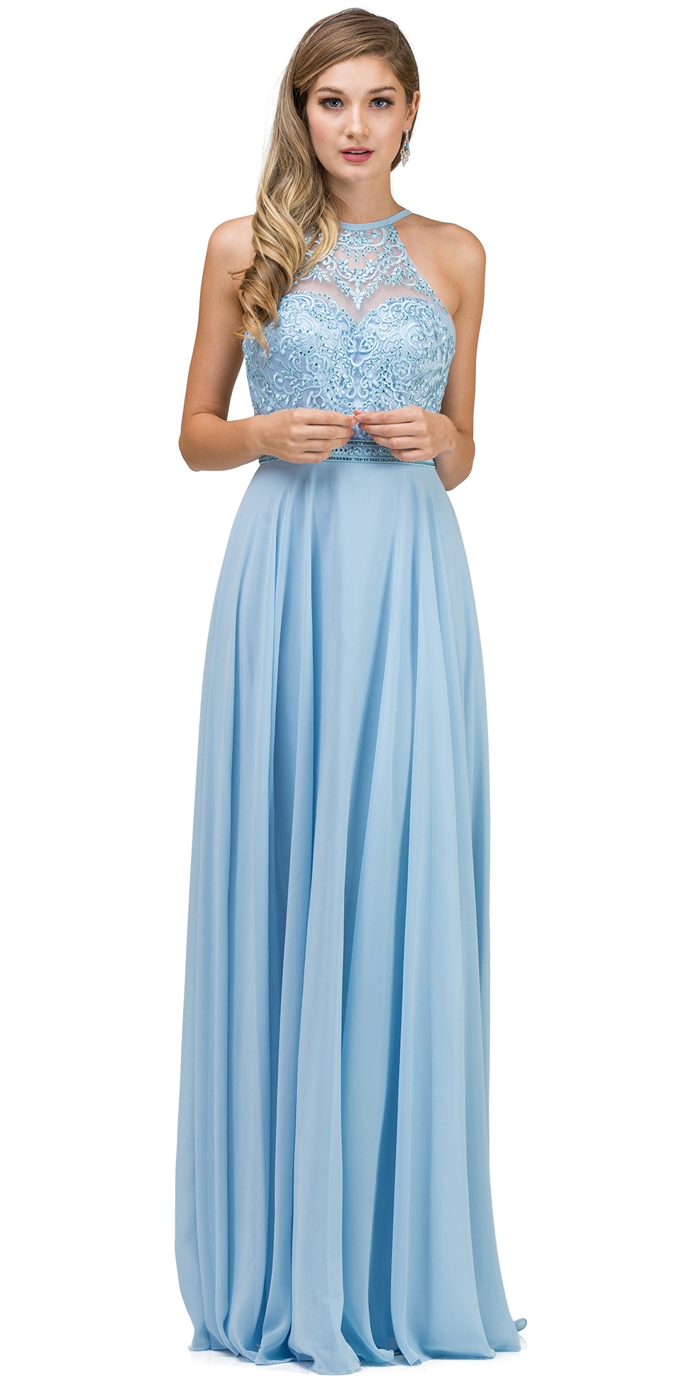 Embroidered Bodice High Neck Long Chiffon Prom Formal Dress — in Skyblue