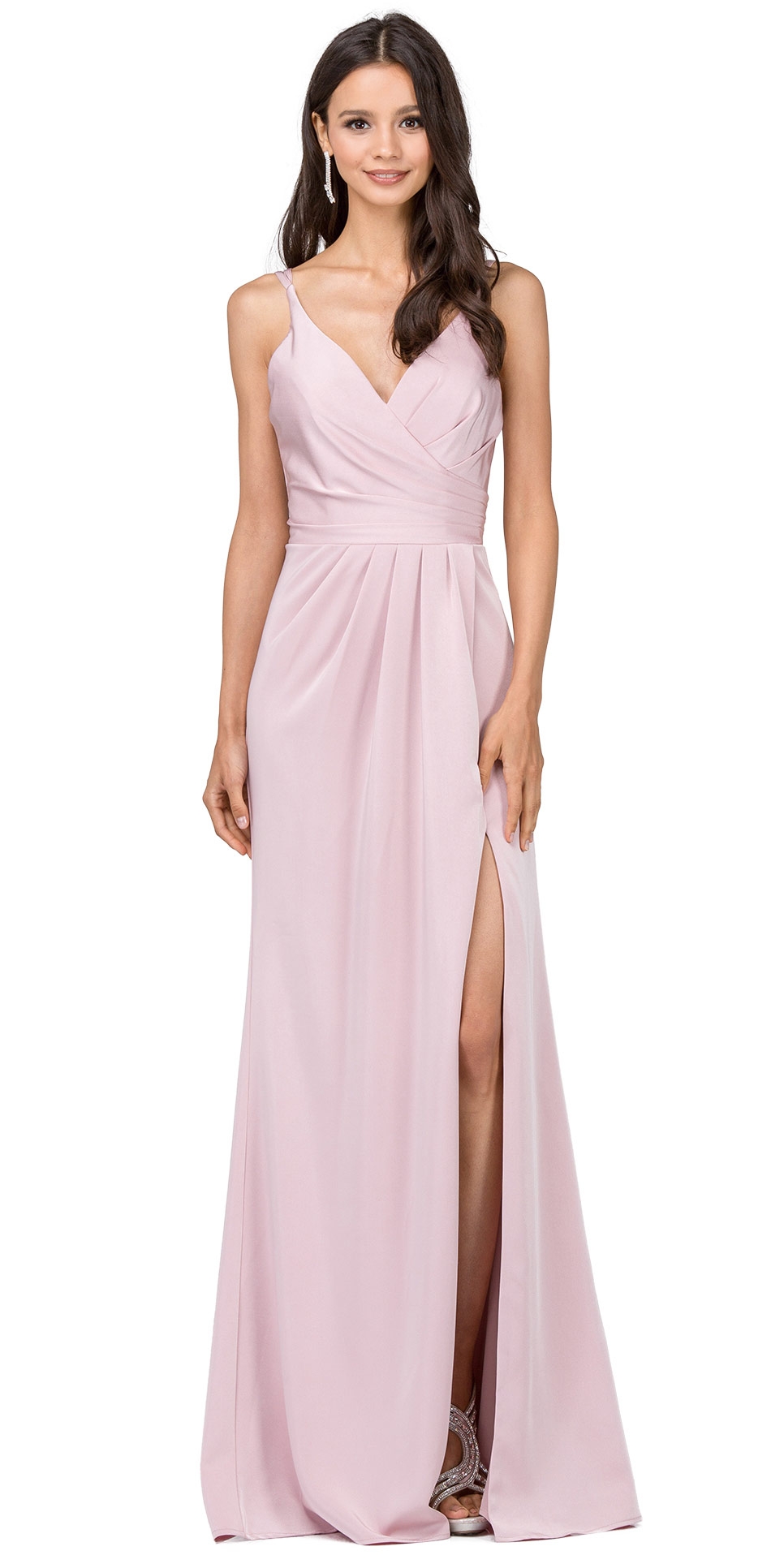 Deep V-Neck Pleated Bust Long Satin Formal Evening Dress