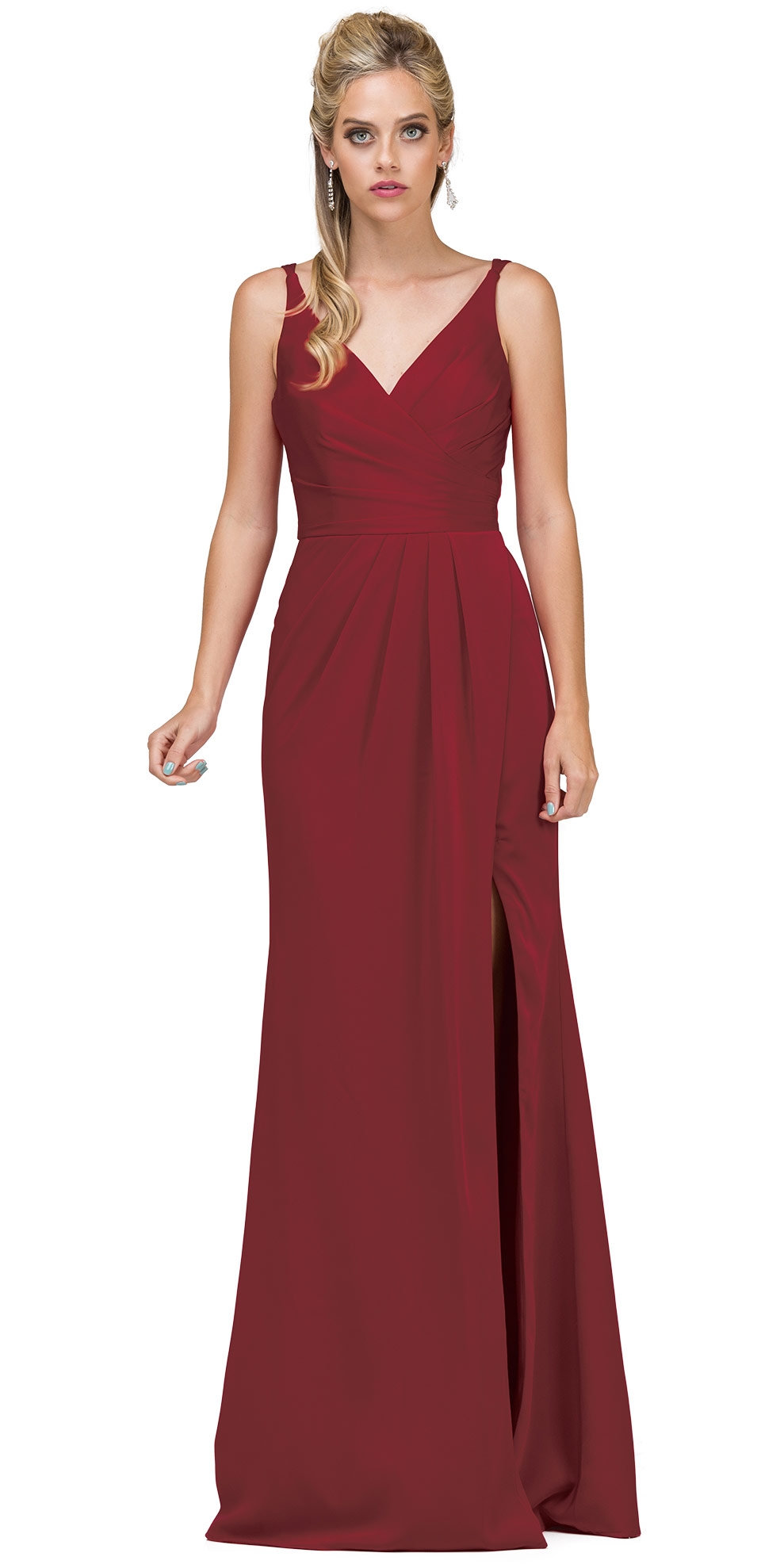 Deep V-Neck Pleated Bust Long Satin Formal Evening Dress — in Burgundy