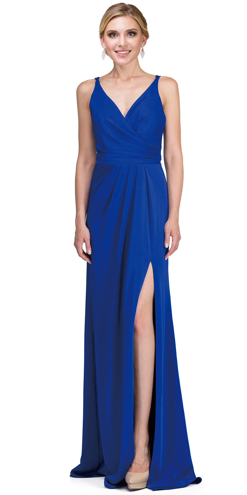 Deep V-Neck Pleated Bust Long Satin Formal Evening Dress — in Royal Blue