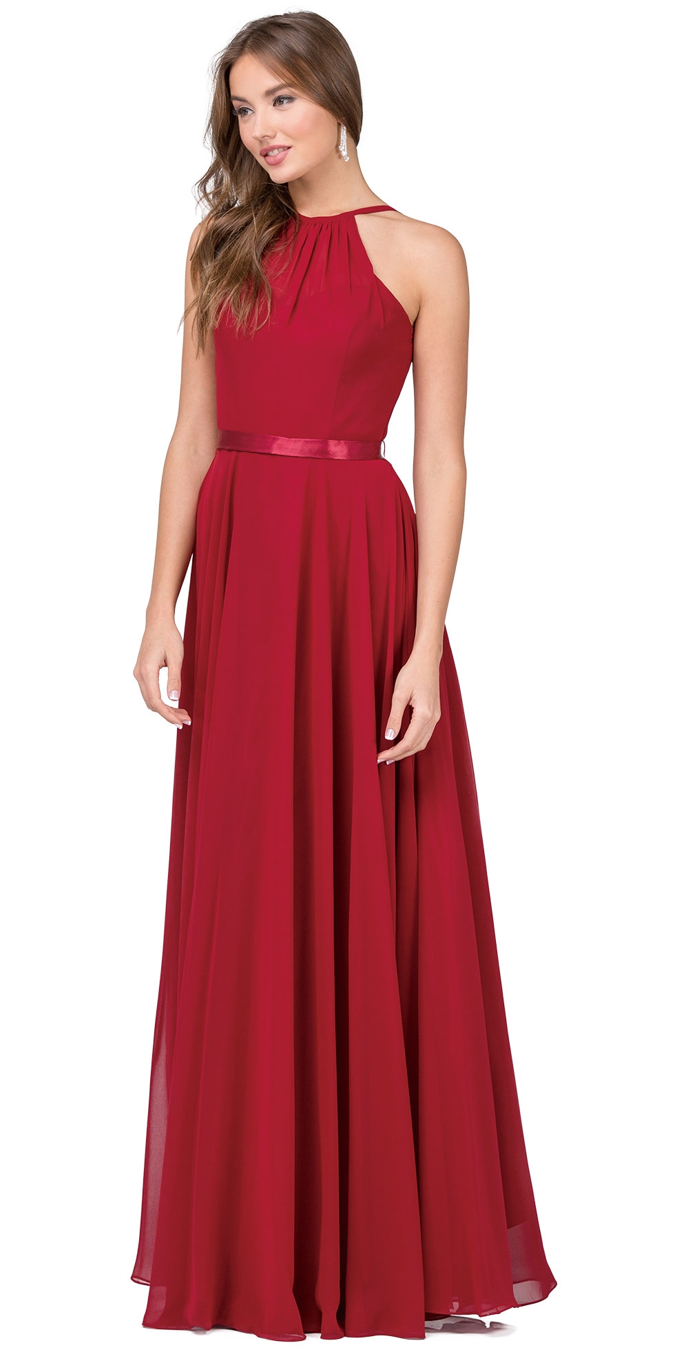 A-line High Neck Chiffon Long Bridesmaid Dress — in Burgundy