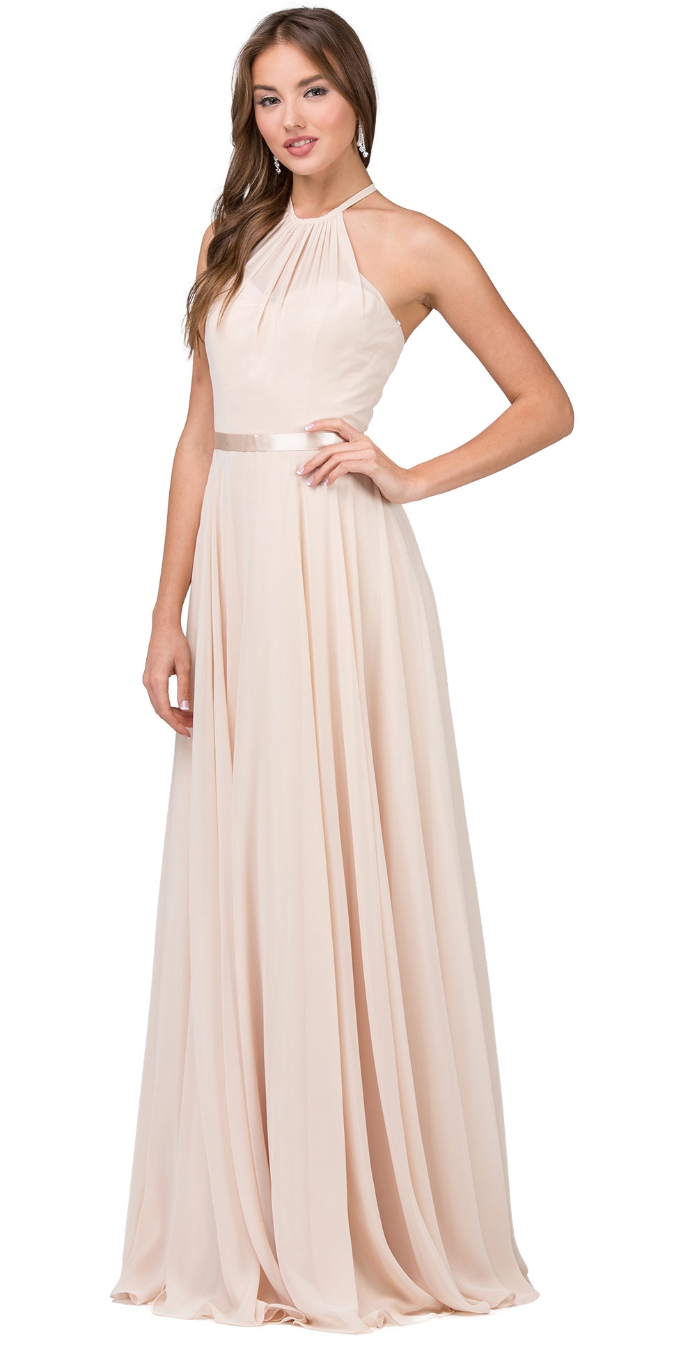 A-line High Neck Chiffon Long Bridesmaid Dress — in Champaign