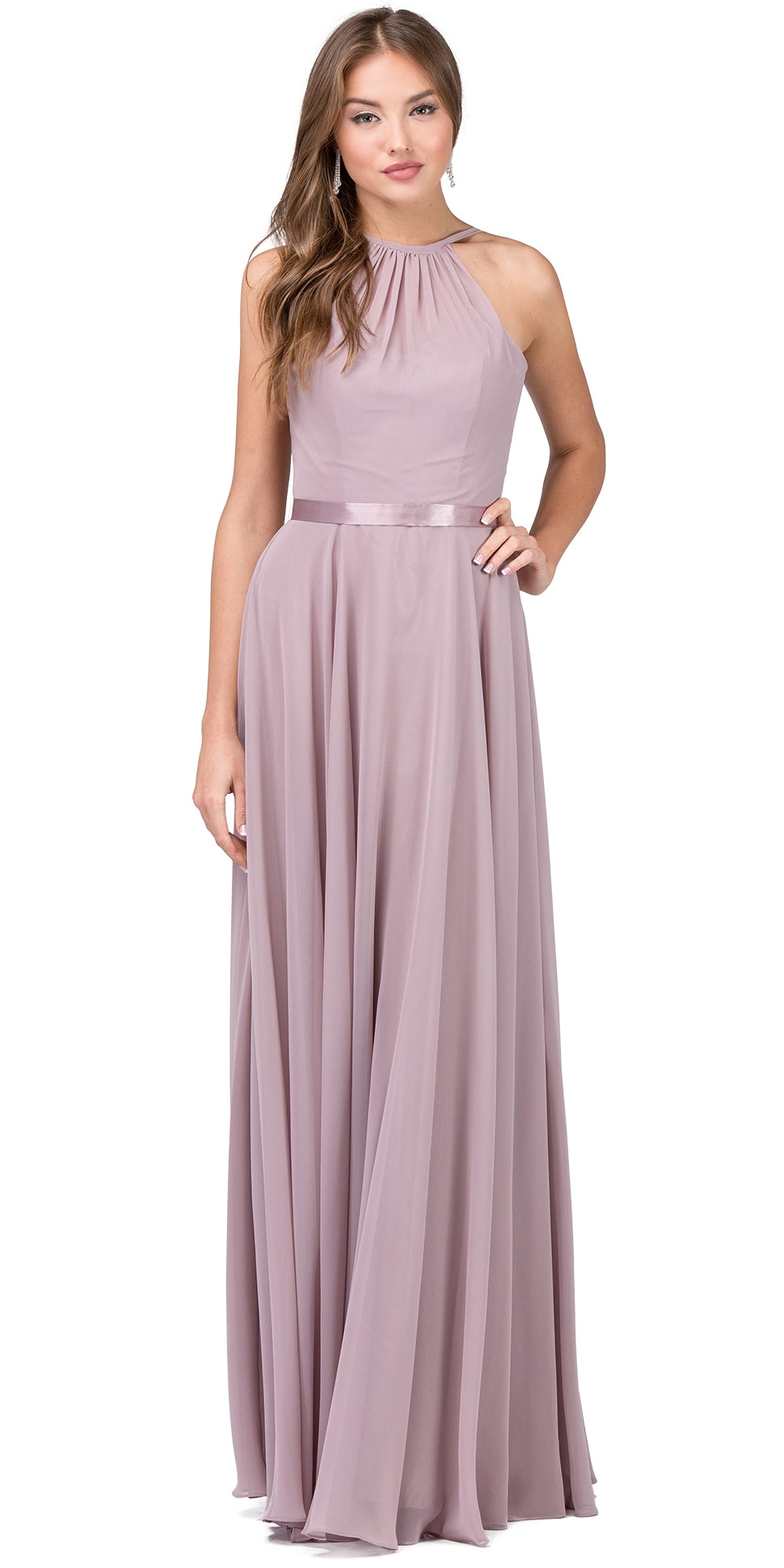 A-line High Neck Chiffon Long Bridesmaid Dress — in Mocha