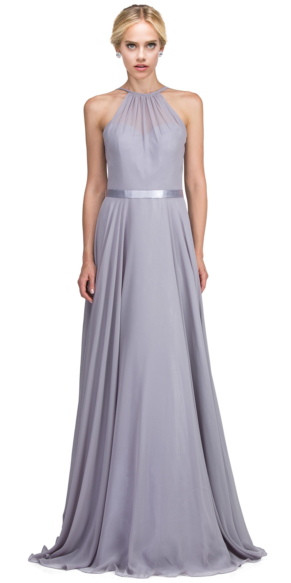A-line High Neck Chiffon Long Bridesmaid Dress — in Silver