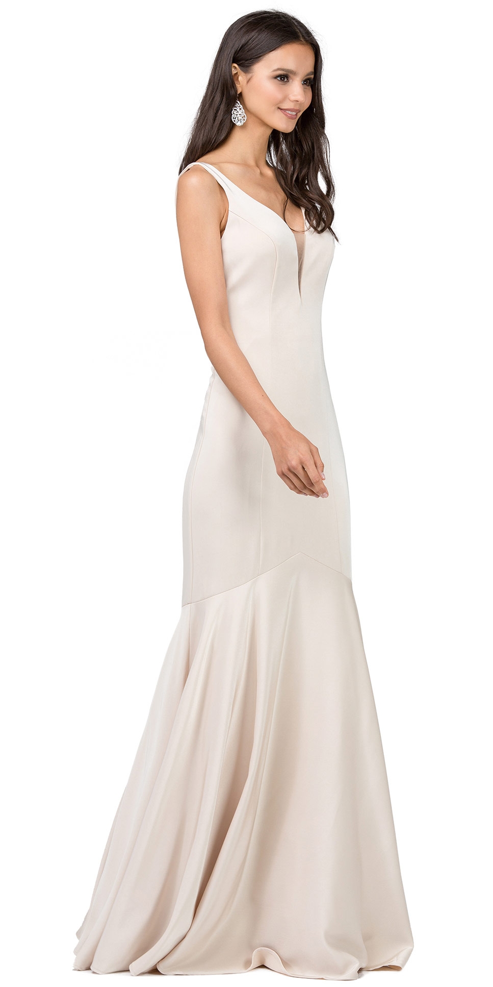 Deep V-Neck Drop Waist Long Formal Evening Dress — in Champaign