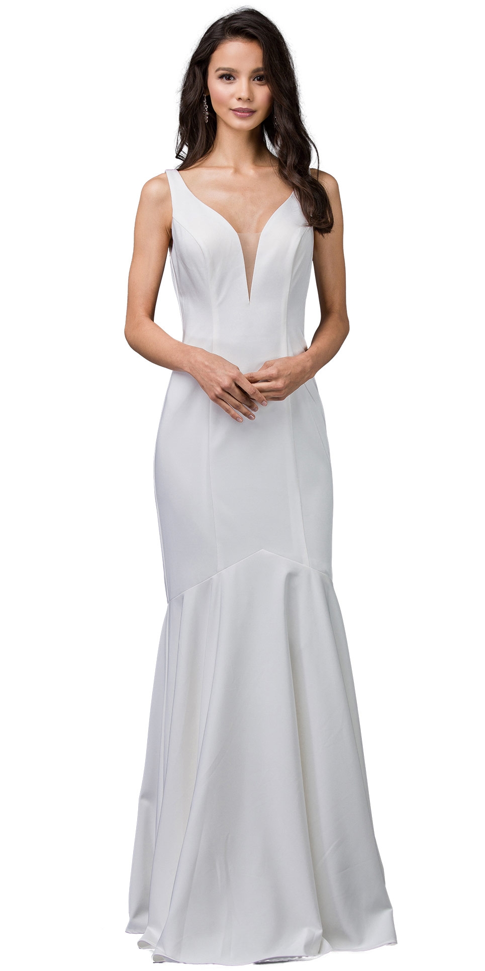 Deep V-Neck Drop Waist Long Formal Evening Dress — in Off White