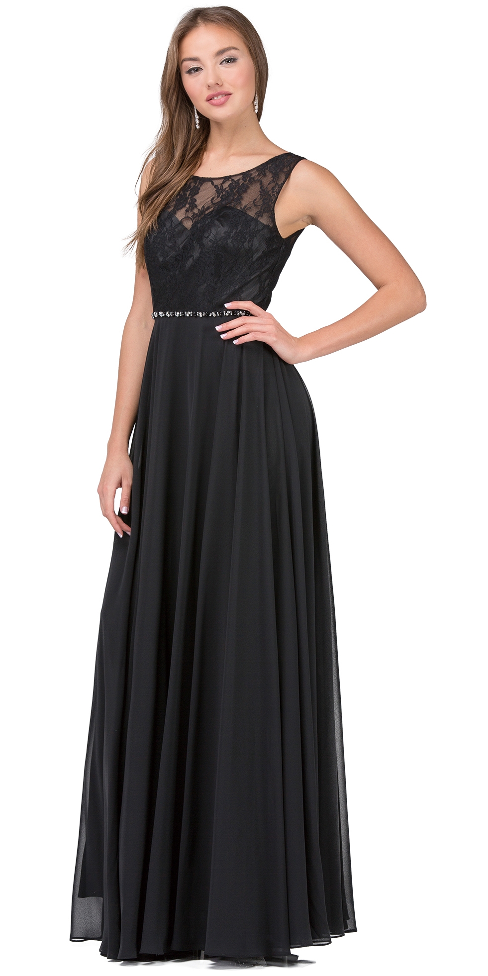 Lace Bodice Beaded Waist Long Chiffon Bridesmaid Dress — in Black