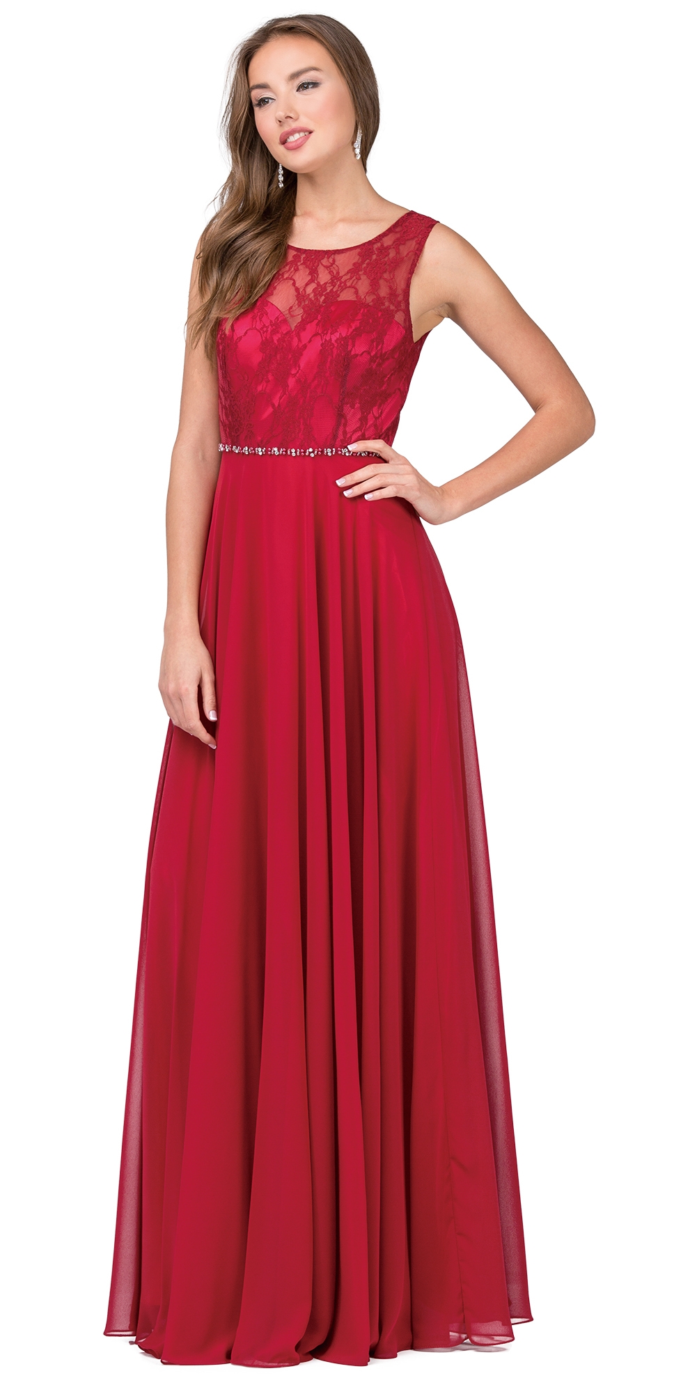 Lace Bodice Beaded Waist Long Chiffon Bridesmaid Dress — in Burgundy