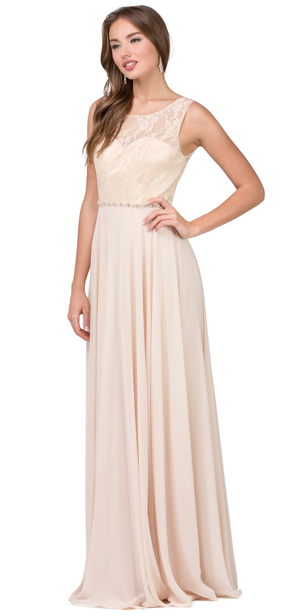 Lace Bodice Beaded Waist Long Chiffon Bridesmaid Dress — in Champaign