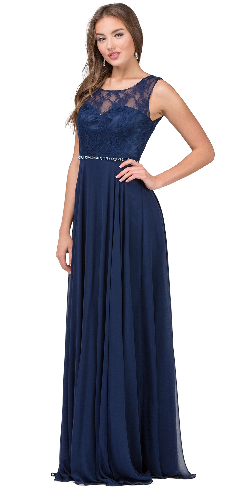 Lace Bodice Beaded Waist Long Chiffon Bridesmaid Dress — in Navy